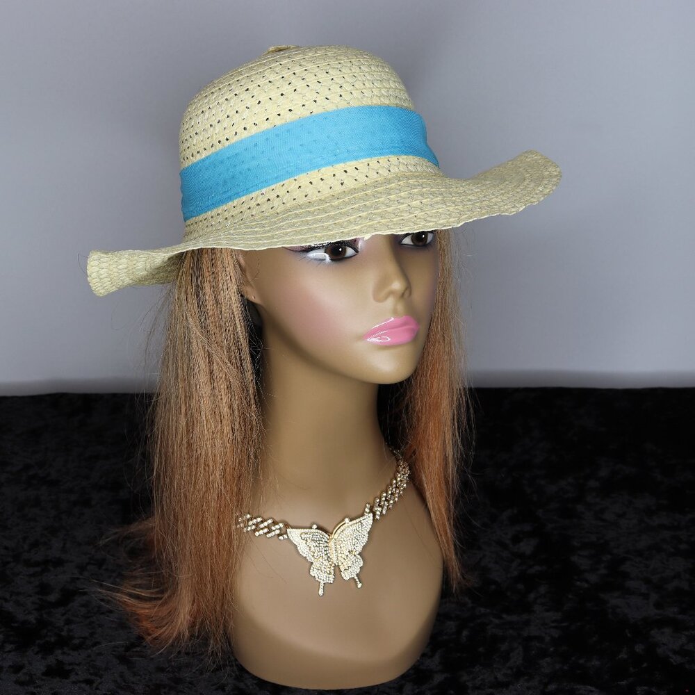 Women's Straw Sun Hat with Ribbon Band - Blue